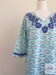 Turquoise Bell Sleeves Hand Block Print Tunic Kurta With Chikankari Embroidery