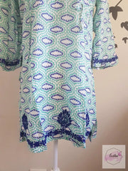 Turquoise Bell Sleeves Hand Block Print Tunic Kurta With Chikankari Embroidery