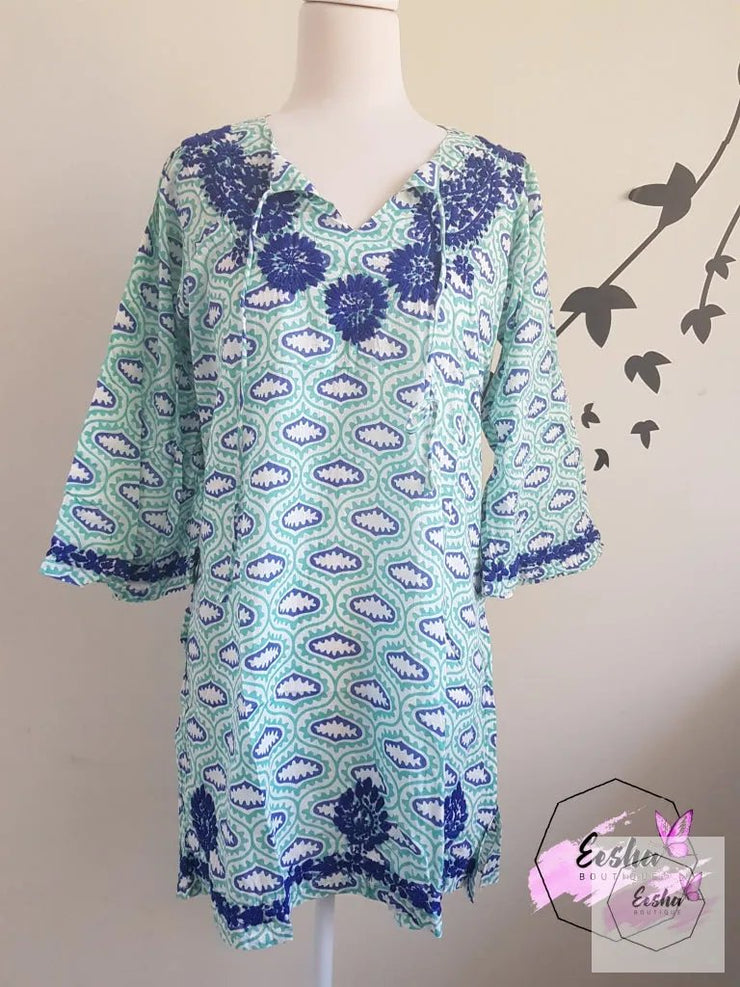 Turquoise Bell Sleeves Hand Block Print Tunic Kurta With Chikankari Embroidery