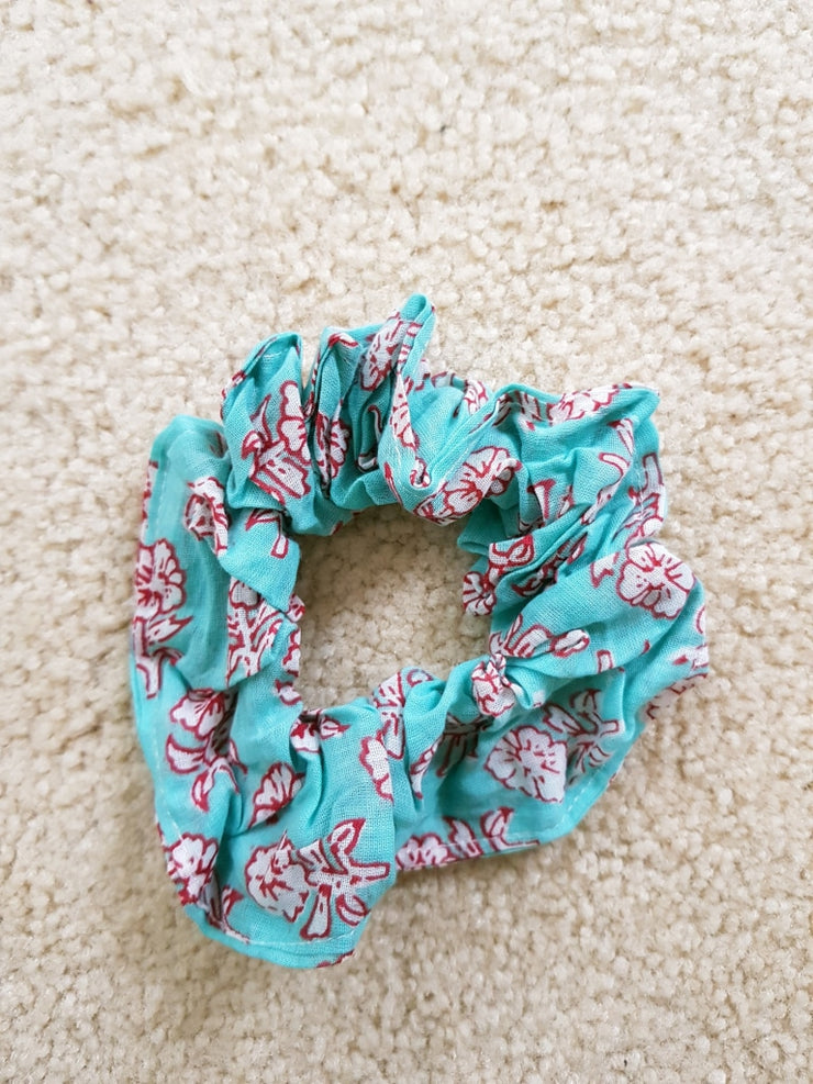 Turquoise Blue Floral Scrunchies - Hand Block Print Indian Cotton Voile