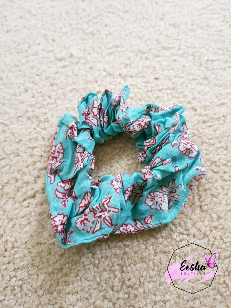 Turquoise Blue Floral Scrunchies - Hand Block Print Indian Cotton Voile