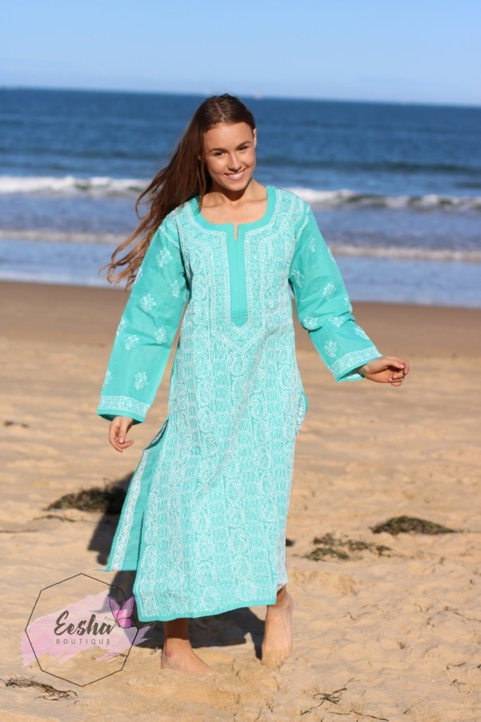 Turquoise Hand Embroidered Long Tunic