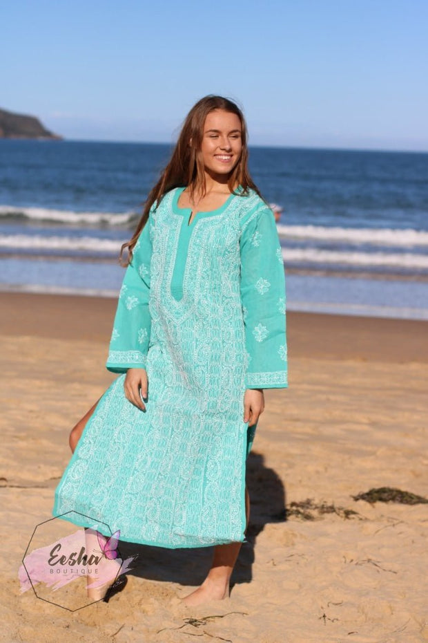 Turquoise Hand Embroidered Long Tunic