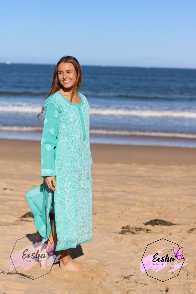Turquoise Hand Embroidered Long Tunic