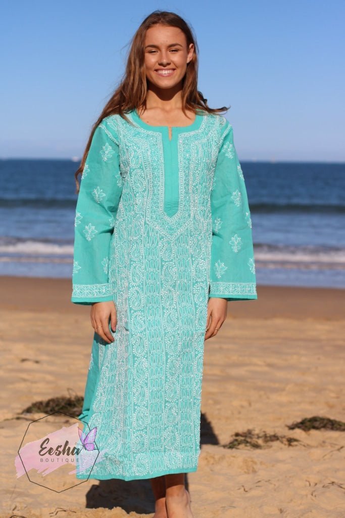 Turquoise Hand Embroidered Long Tunic