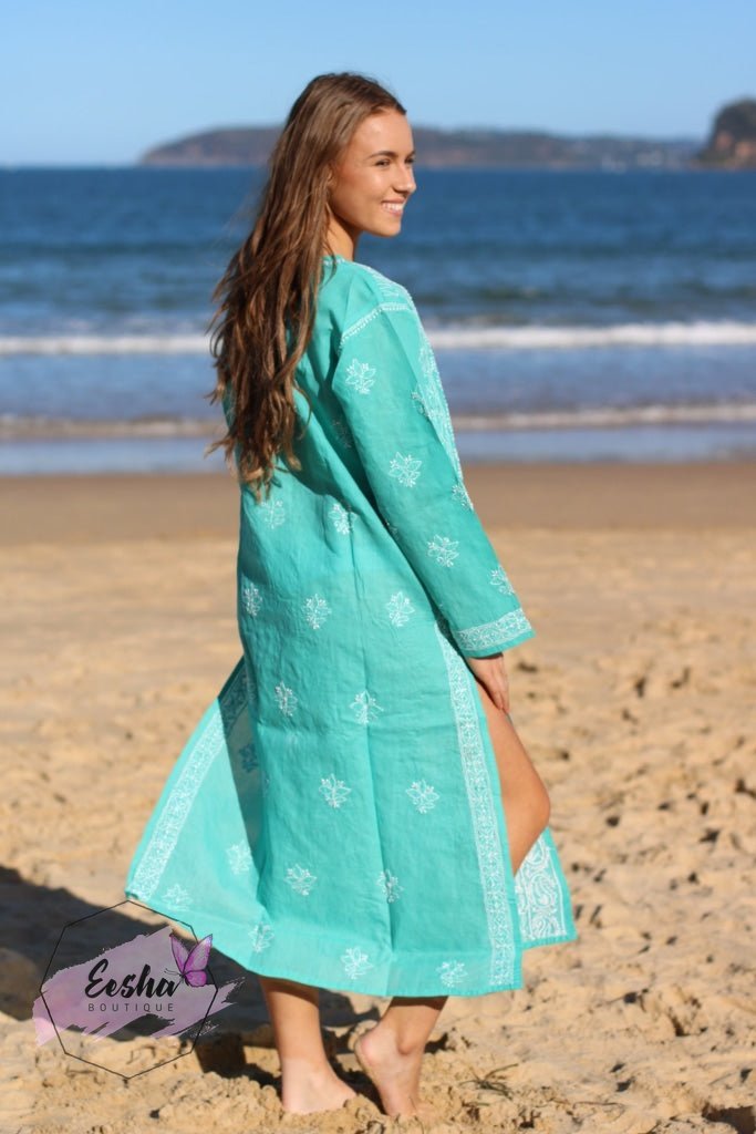 Turquoise Hand Embroidered Long Tunic