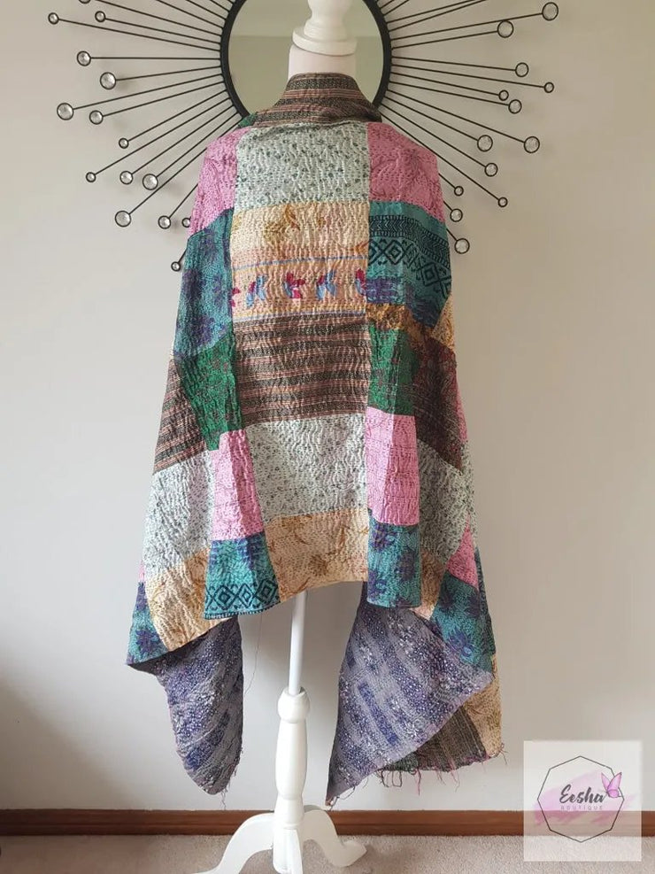 Vintage Double Sided Patchwork Silk Kantha Stole Dupatta