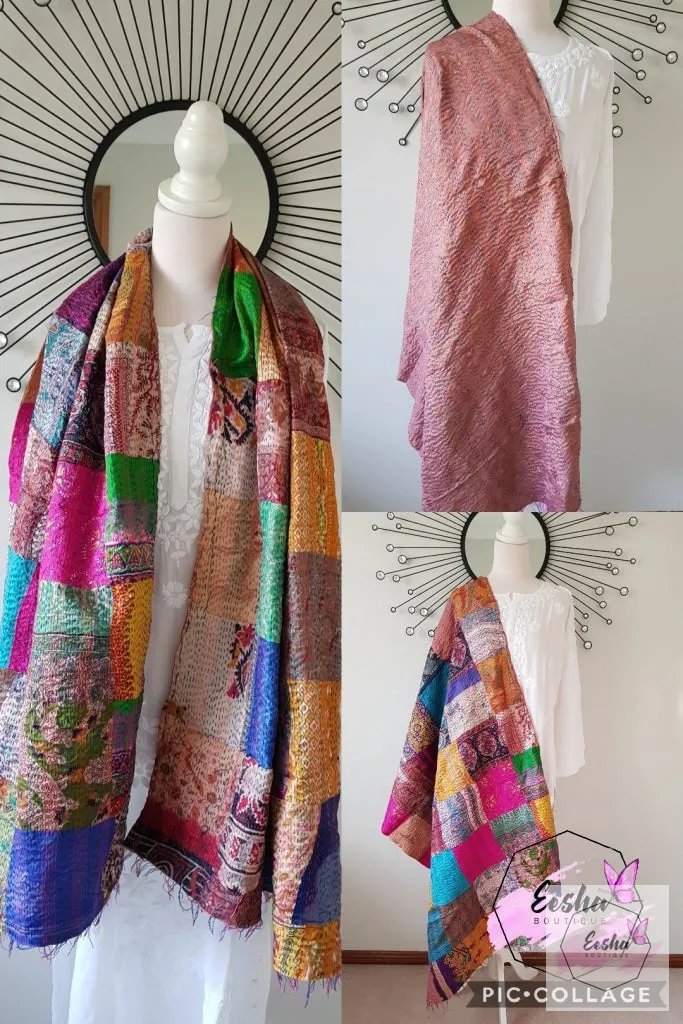 Vintage Double Sided Patchwork Silk Kantha Stole Dupatta