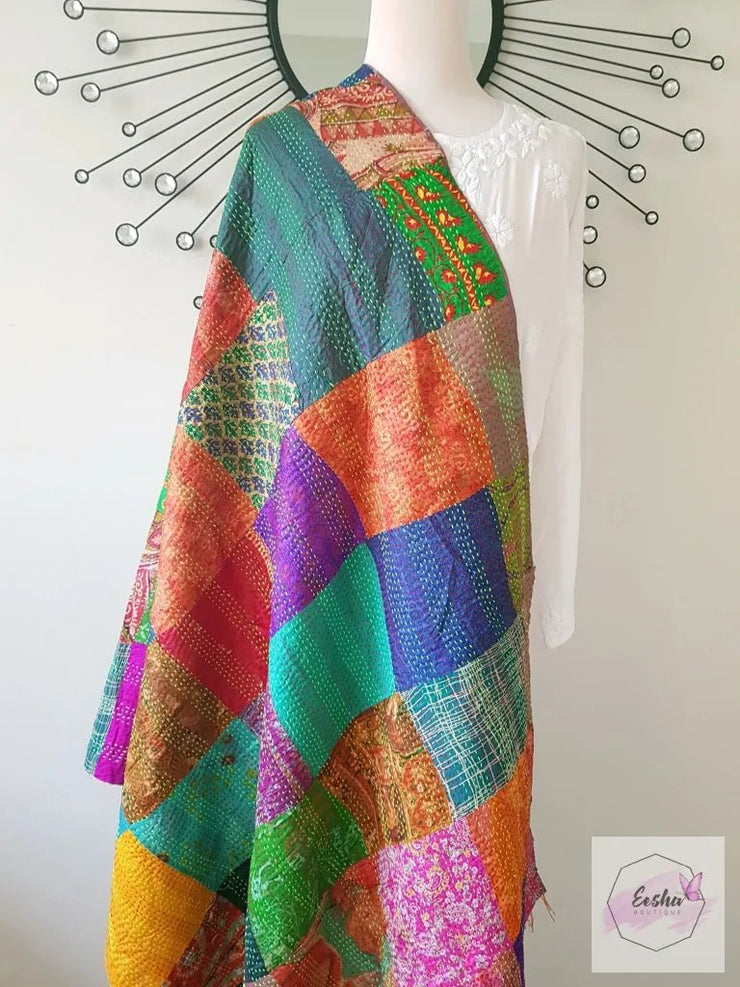 Vintage Double Sided Patchwork Silk Kantha Stole Dupatta