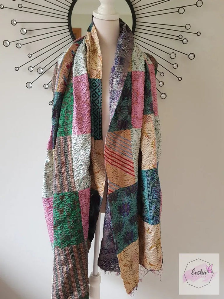 Vintage Double Sided Patchwork Silk Kantha Stole Dupatta