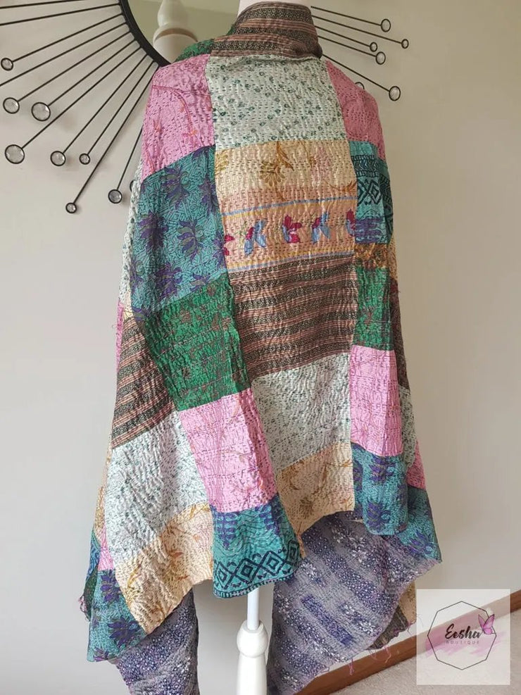 Vintage Double Sided Patchwork Silk Kantha Stole Dupatta