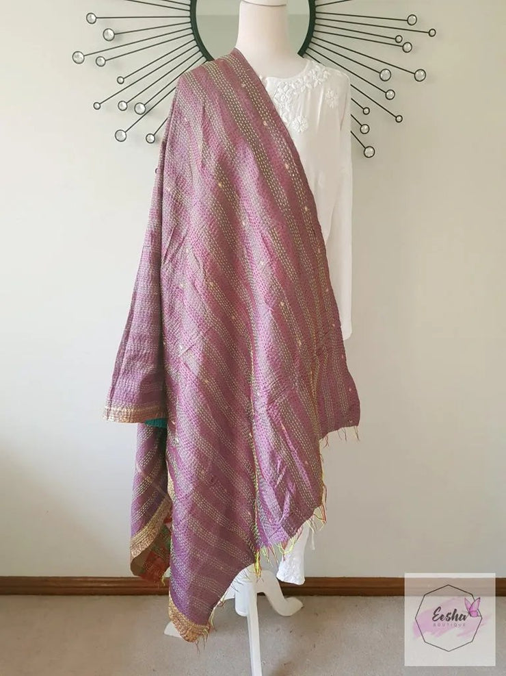 Vintage Double Sided Patchwork Silk Kantha Stole Dupatta
