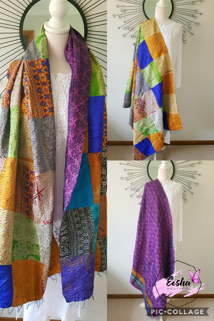 Vintage Double Sided Patchwork Silk Kantha Stole Dupatta