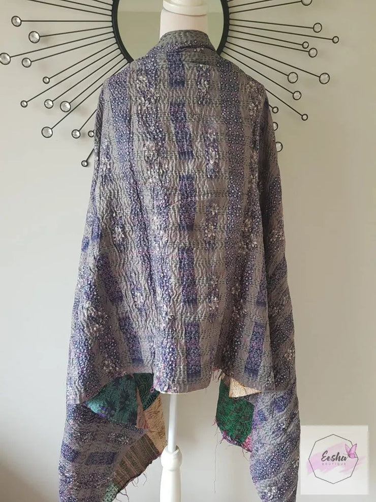 Vintage Double Sided Patchwork Silk Kantha Stole Dupatta