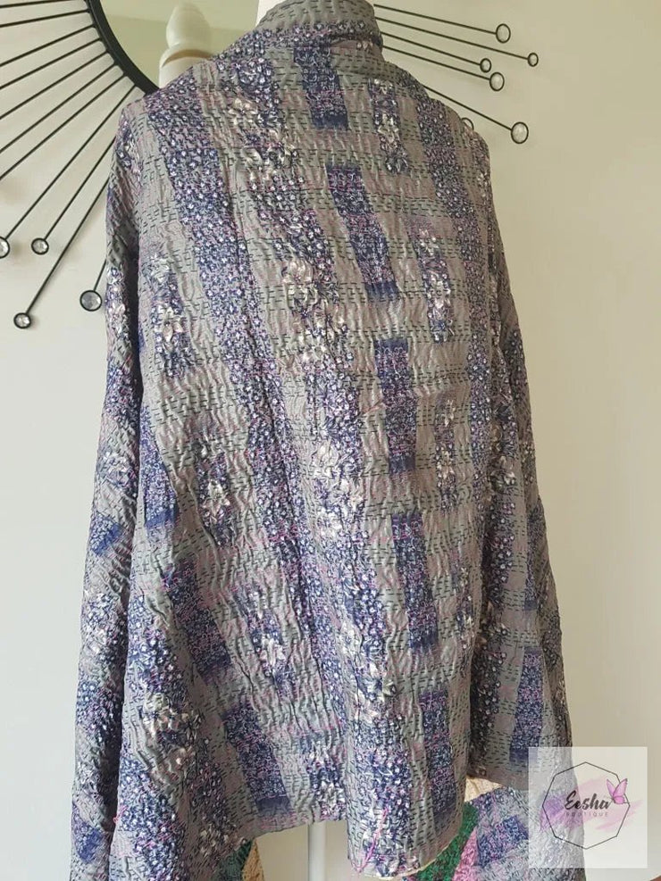 Vintage Double Sided Patchwork Silk Kantha Stole Dupatta