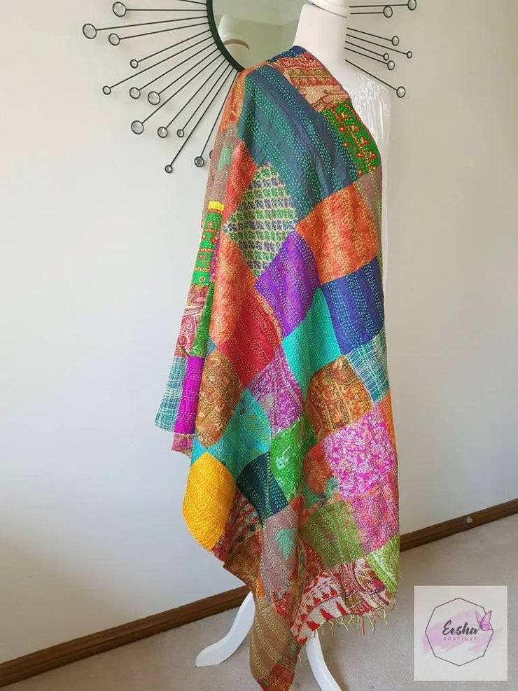 Vintage Double Sided Patchwork Silk Kantha Stole Dupatta