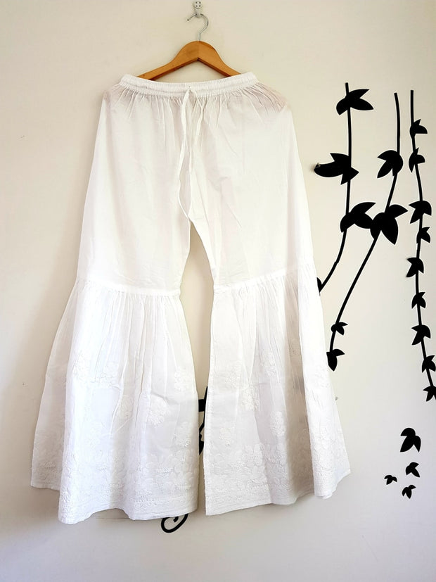 White Chikankari Hand Embroidery Sharara Pants
