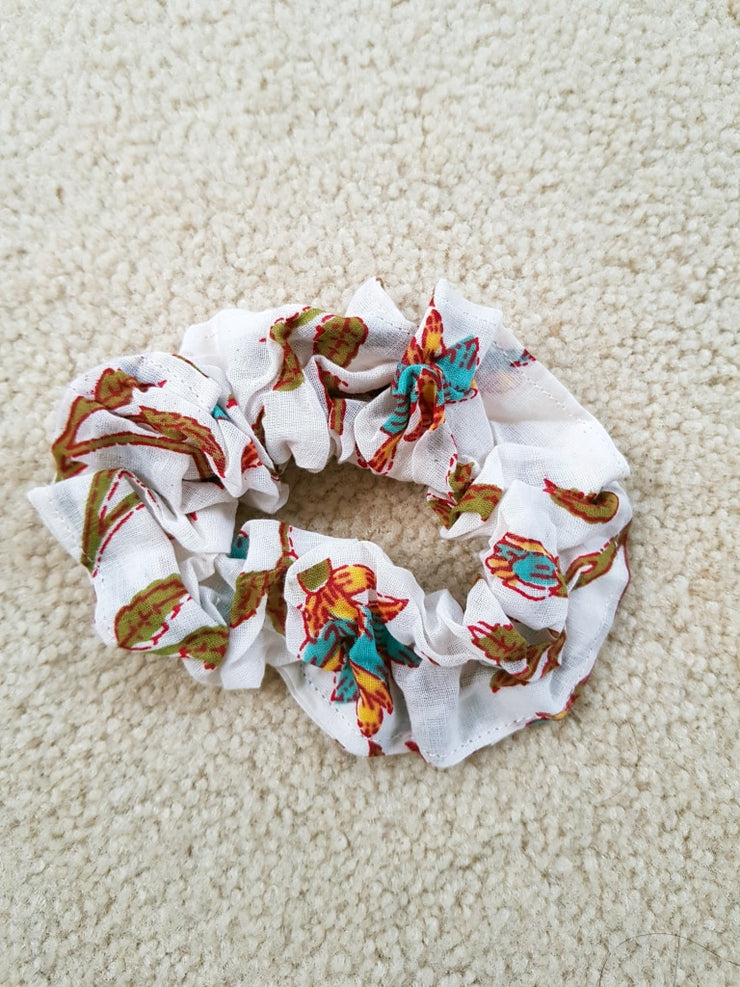 White Floral Scrunchies - Hand Block Print Indian Cotton Voile