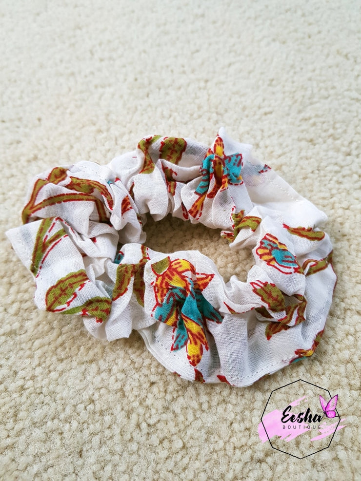 White Floral Scrunchies - Hand Block Print Indian Cotton Voile
