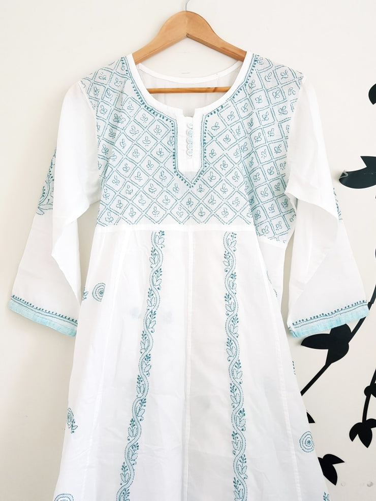 White Long Dress-Hand Embroidered Soft Cotton Voile Tunic