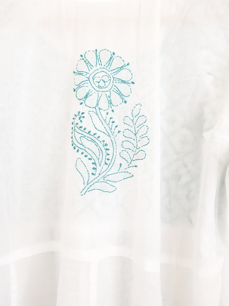 White Long Dress-Hand Embroidered Soft Cotton Voile Tunic