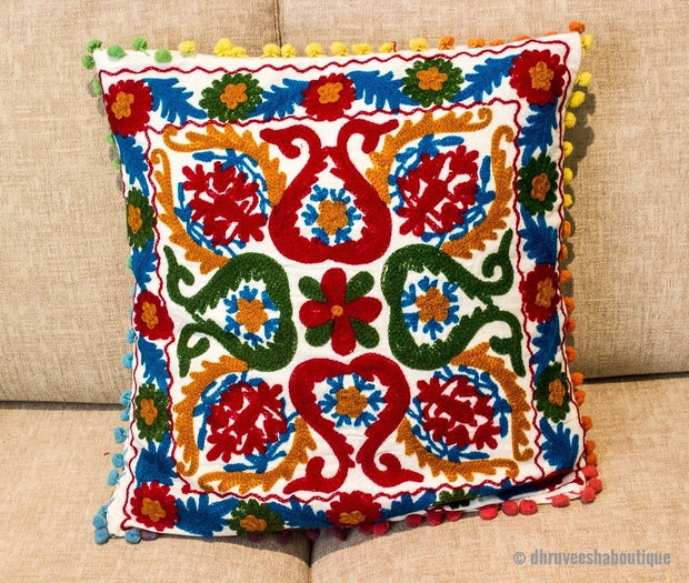White Suzani Floral Embroideried Pillow Cover